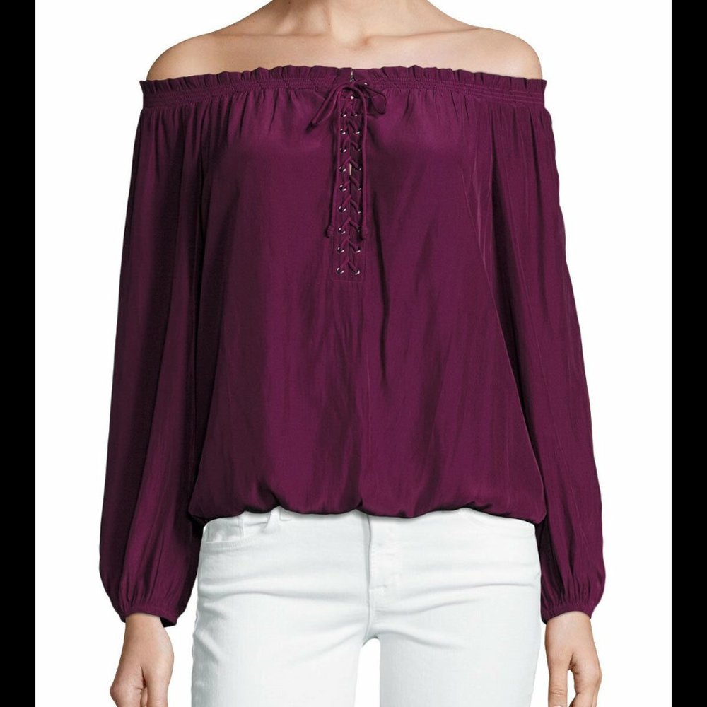 Ramy Brook Jill Off-the-Shoulder Lace-Up Blouse in Sangria XS NEW